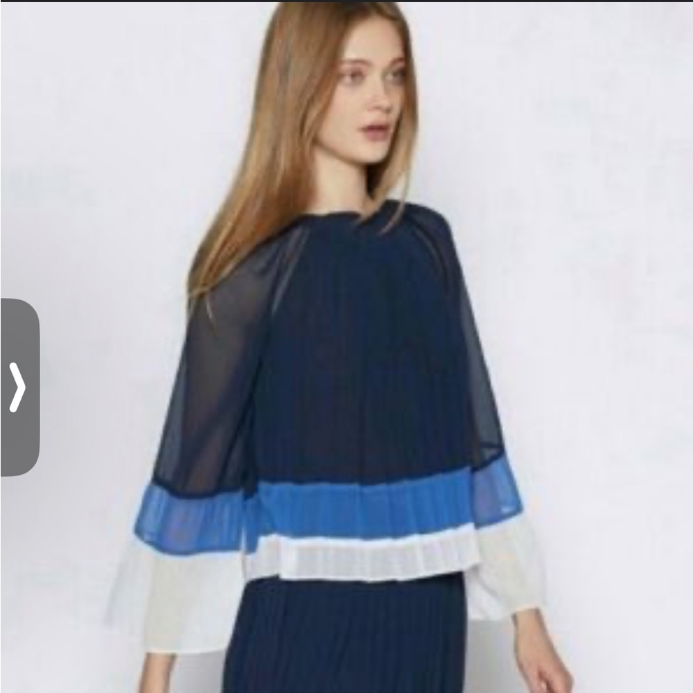 NWT Joie Anahira color block blue white pleated blouse fall boho L